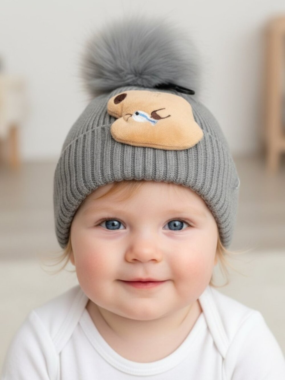Kids Light Grey Ribbed Knit Beanie Plush Capybara Patch & Grey Faux Fur Pom Pom